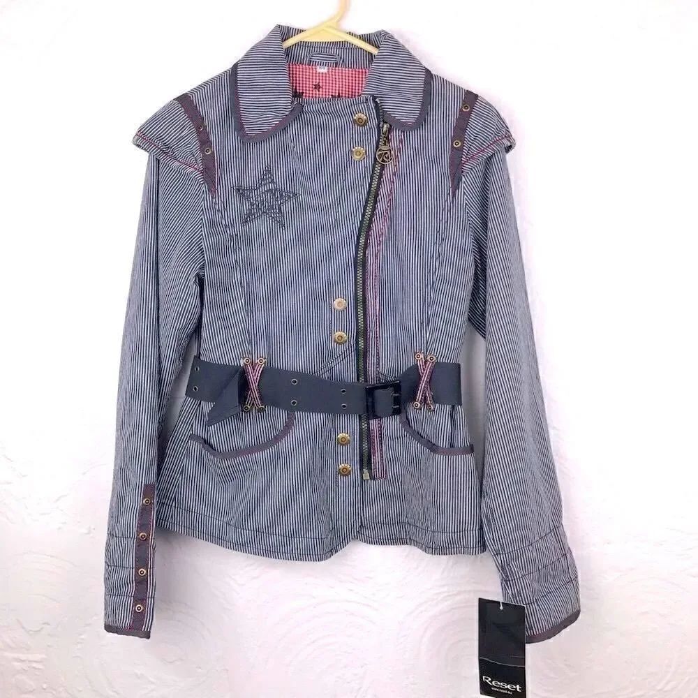 Reset Europe Pinstriped Navy long sleeve Structured Canvas Coat NEW